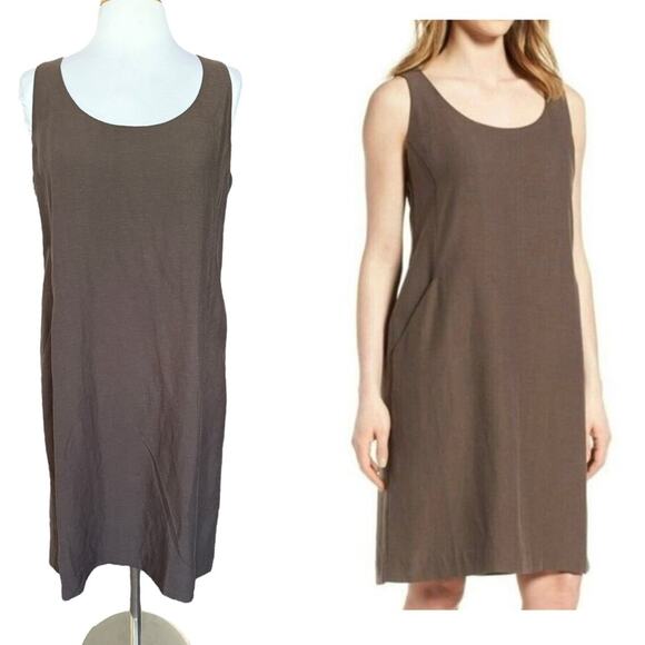 Eileen Fisher Dresses & Skirts - EILEEN FISHER Drapey Tencel Linen Scoop Neck Shift Dress Pockets Brown Small NEW